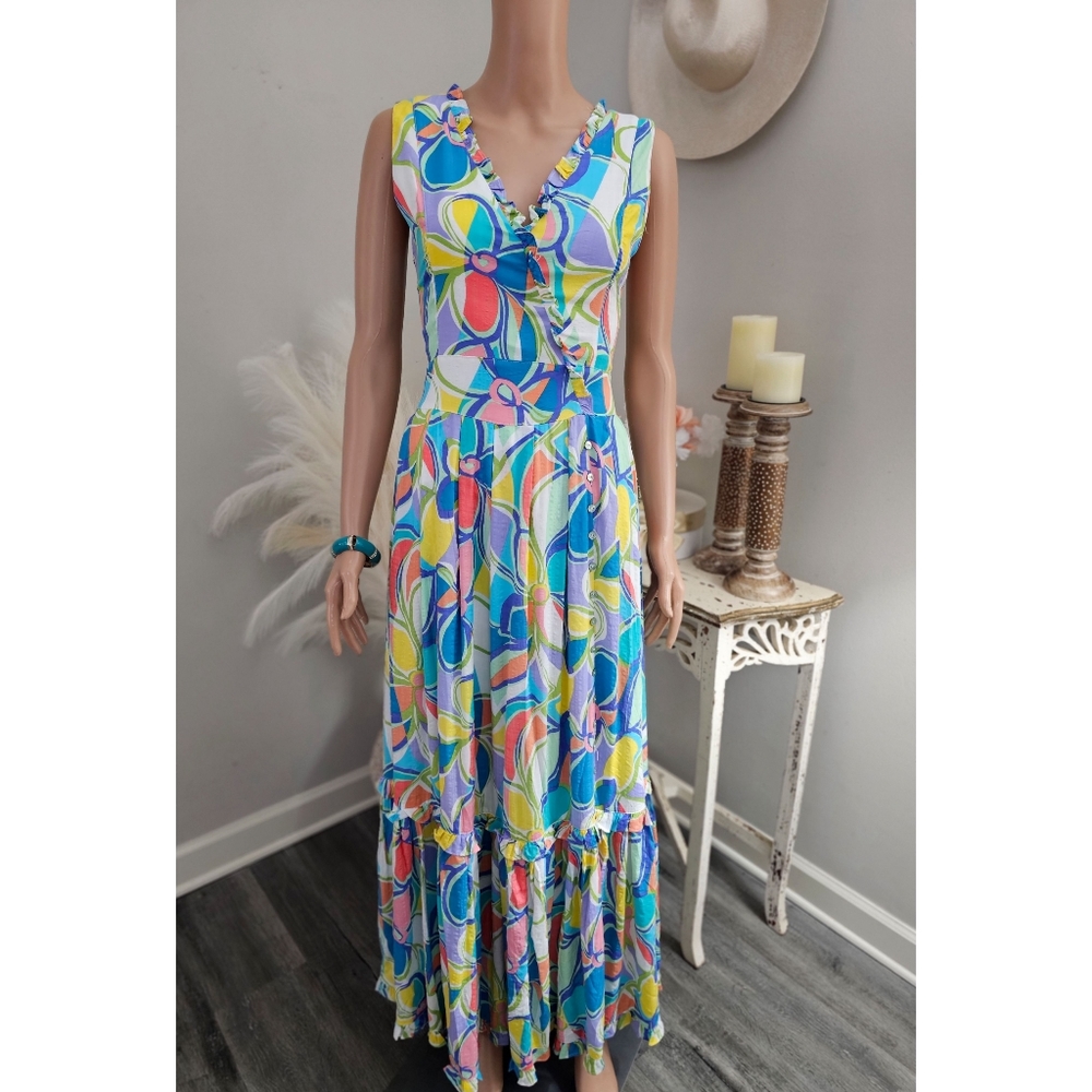 Fate White Multicolored Open Tie Back Pleated Maxi Dress